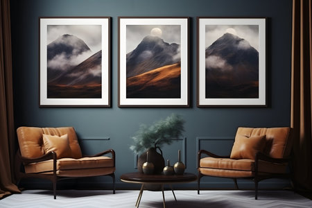 Interior of modern living room with brown armchairs, coffee table and pictures on blue wallの素材