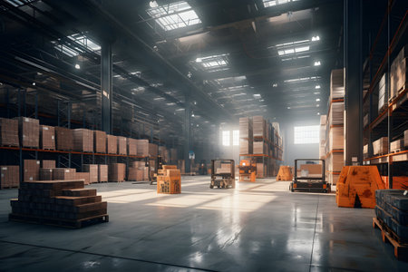Interior of a warehouse with shelves and boxes, toned imageの素材
