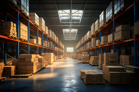 Warehouse interior with rows of boxes. 3d rendering toned imageの素材