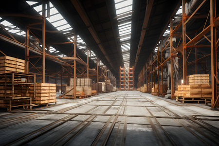 Warehouse interior with rows of wooden pallets. 3d renderingの素材