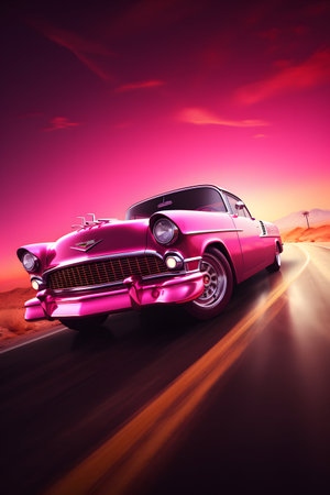 Purple retro car on the road at sunset. 3d renderingの素材