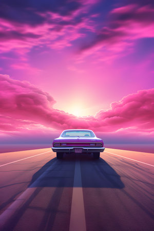 vintage car on the road at sunset, 3d render illustrationの素材