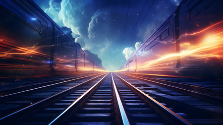 Train moving fast at night in the sky with clouds. 3d renderingの素材