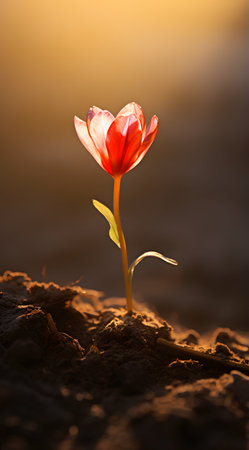 Red tulip flower in the field with sunlight. Nature background.の素材