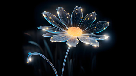 3d rendering of a flower on a black background with blue lightsの素材