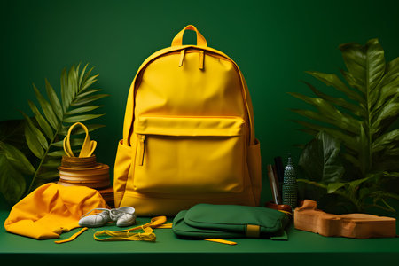 Yellow backpack and accessories on green background. Back to school concept.の素材