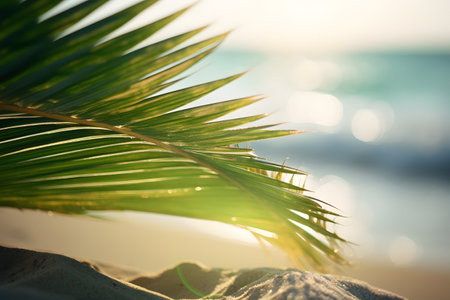 Palm leaf on the beach at sunset. Selective focus. nature.の素材