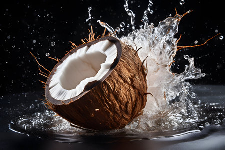 Coconut splashing into water on black background, close upの素材