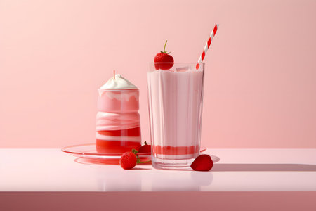 Strawberry milkshake in a glass with a straw on a pink backgroundの素材