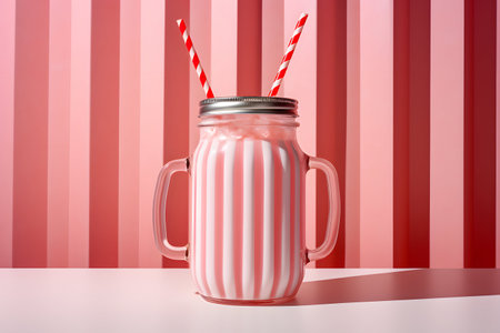 Strawberry milkshake in glass jar with striped strawsの素材