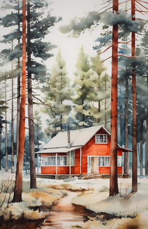 Wooden house in the pine forest. Watercolor painting on canvas.の素材