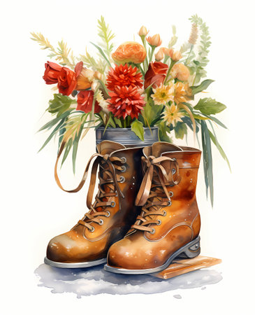 Bouquet of flowers in a boot. Watercolor illustration.の素材