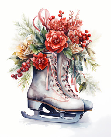 Ice skates with floral bouquet on white background. Watercolor illustration.の素材