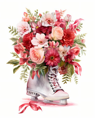 bouquet of flowers and ice skates isolated on white backgroundの素材