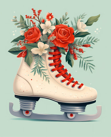 Ice skates with flowers. Vector illustration in a retro style.の素材