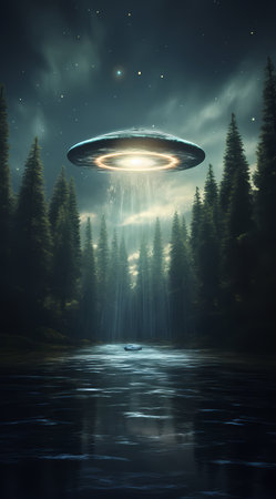 UFO in the deep forest. 3d rendering. Computer digital drawing.の素材