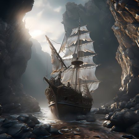 Pirate ship in the sea. 3D render. Fantasy.の素材