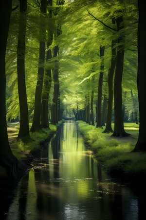 Mysterious forest with a river flowing through it. Conceptual imageの素材