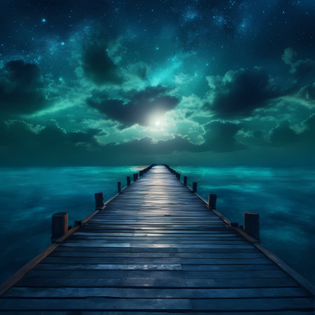 Concept or conceptual pier or jetty over sea or ocean and night sky with stars or moonの素材
