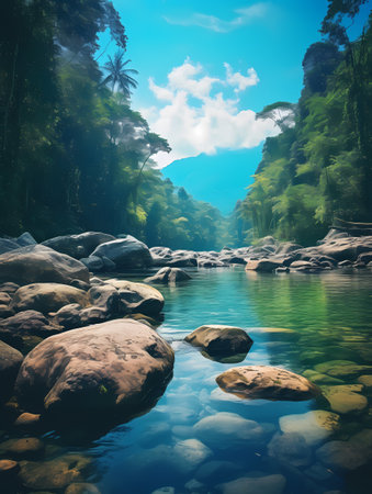 Tropical jungle river with rocks and clear water. Nature backgroundの素材