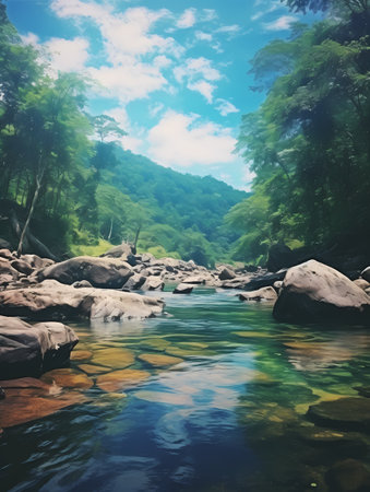 Beautiful river in tropical forest. Nature background. Digital painting.の素材