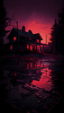 3d render of house in the forest at night with red lightの素材