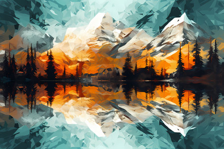 Mountains and forest reflected in a lake. Digital painting. Vector illustration.の素材
