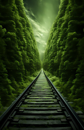 railway in green forest with stormy sky, 3d renderの素材