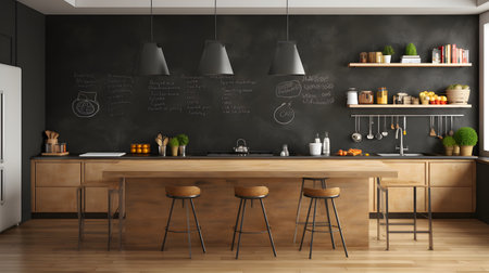 Interior of modern kitchen with dark grey walls, wooden floor, dark wooden countertops and bar with stools. 3d renderingの素材