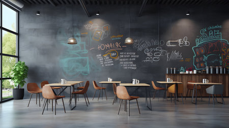 Interior of modern cafe with grey walls, concrete floor, long wooden tables and rows of chairs. 3d renderingの素材