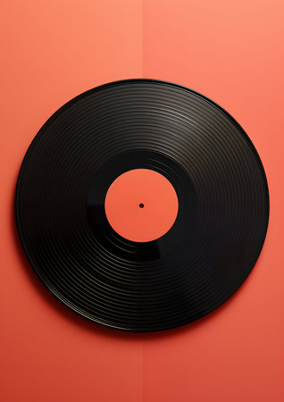 Black vinyl record on red background. Top view, flat lay.の素材