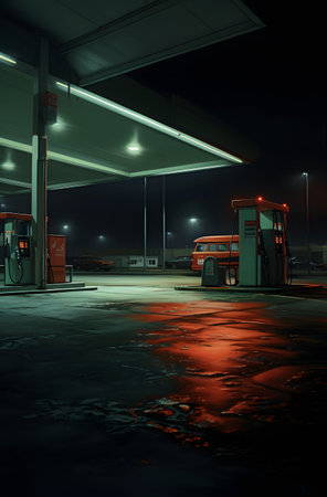 Gas station at night with reflection in water. 3d rendering.の素材