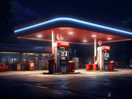 Gas station at night. Gas station at night. 3d renderingの素材