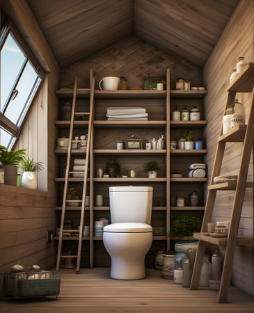 Interior of a wooden bathroom with a toilet. 3d renderingの素材