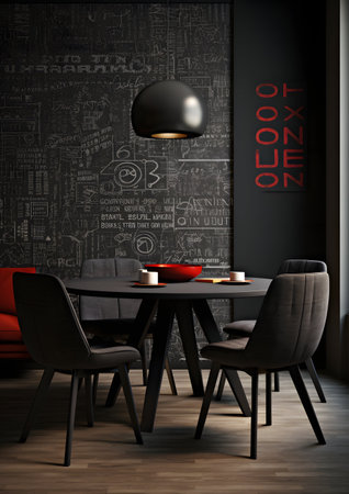 Interior of modern dining room with grey walls, concrete floor, red sofa and round table with black chairs. 3d renderingの素材
