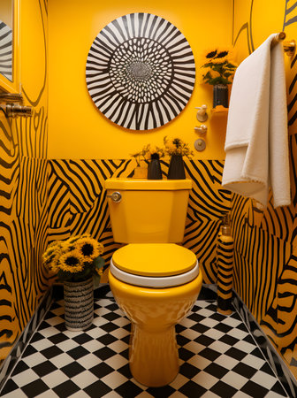 Interior of a modern bathroom with yellow and black tiles and toilet bowlの素材
