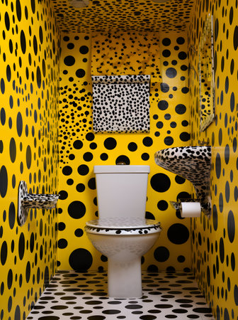Interior of modern bathroom with yellow and black polka dots patternの素材