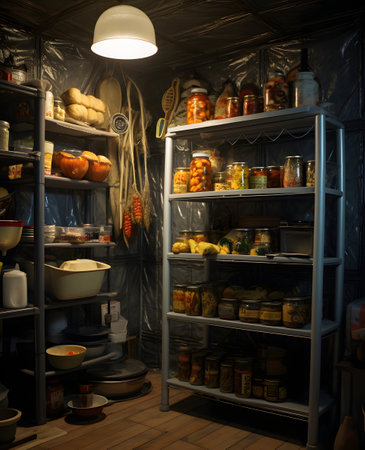 Shelves with canned food in the basement of a country houseの素材