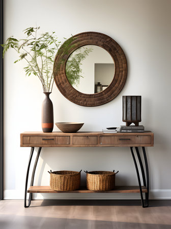 Interior of modern bathroom with wooden commode, mirror and plantの素材