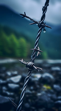 Barbed wire against the background of a stormy mountain landscape.の素材