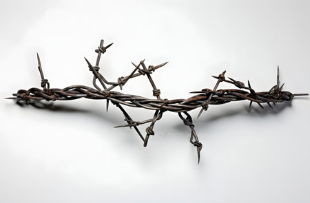 Barbed wire on a white background. 3d rendering. 3d illustration.の素材