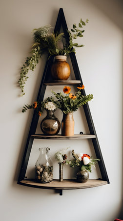 Wooden shelves with vases and flowers on a white wall.の素材