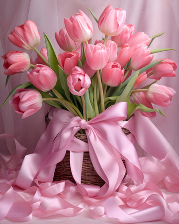 Bouquet of pink tulips in a basket on a pink backgroundの素材