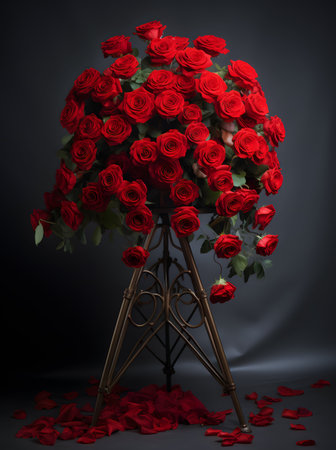 Bouquet of red roses in a vase on a dark backgroundの素材