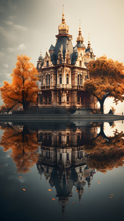 Castle in autumn, Paris, France. Reflection in waterの素材