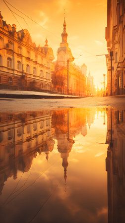 Reflection of the church in the water at sunset in Lviv, Ukraineの素材