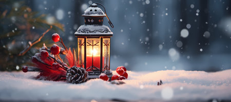 Lantern with burning candle in the snow. Christmas background.の素材