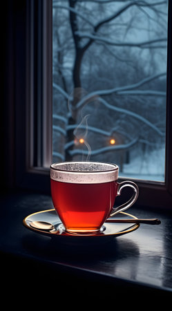 A cup of hot tea on the windowsill with a view of the winter forestの素材
