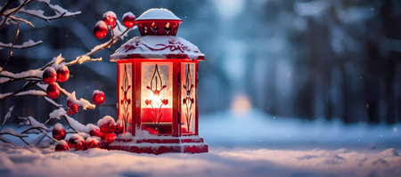 Christmas lantern in the winter forest. Beautiful winter landscape with a lantern.の素材