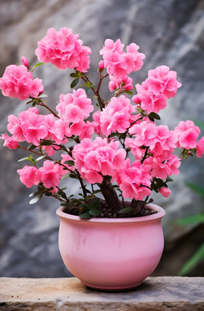 Pink azalea flower in pot on stone background, stock photoの素材